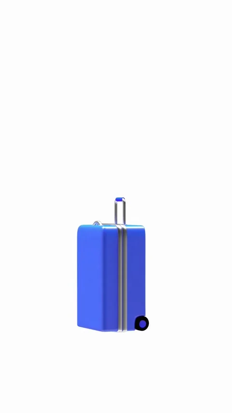 A blue suitcase on wheels rotates in a 3D render. Видео 335864873