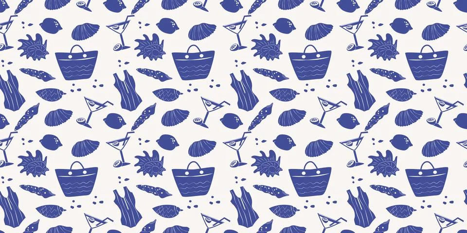 Blue summer mediterranean pattern with beach essentials. 스톡 일러스트