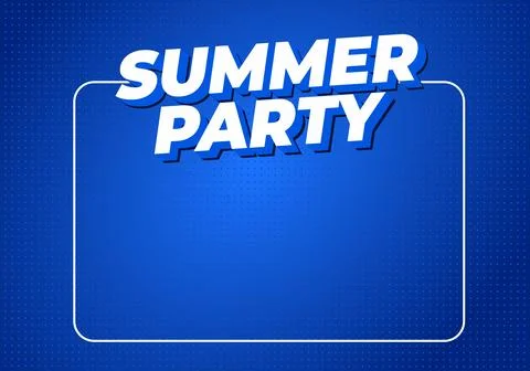 Blue summer party poster with bold white 3d text and rounded white frame, e.. Stock Illustration