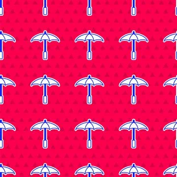 Blue Sun protective umbrella for beach icon isolated seamless pattern on red Stock Illustration