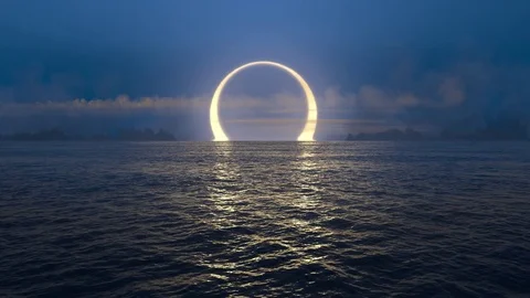 Blue sunset and solar eclipse over seamlessly looped ocean.  Stock Footage 81739950