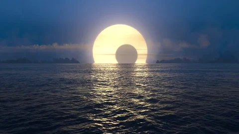 Blue sunset and solar eclipse over seamlessly looped ocean.  Stock Footage 82080318