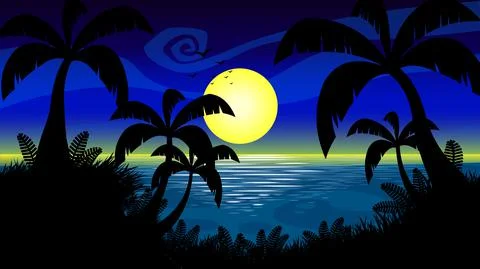 Blue Sunset Cartoon Flat Design Stock Illustration