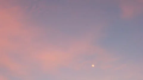 Blue Sunset Sky Moon and Orange Feathery Clouds in Moonlight Slow Motion, Time L Stock Footage 309033766