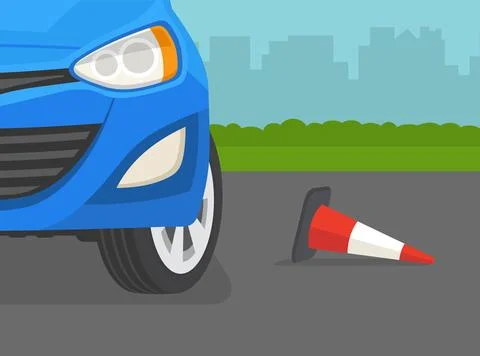 Blue suv car downed red traffic cone. Close-up front view. Stock Illustration