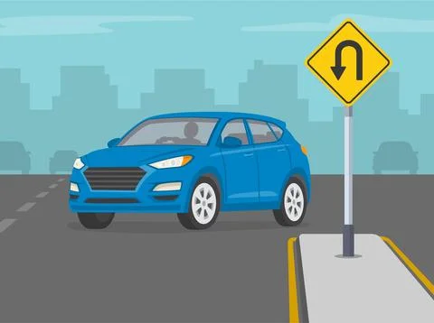 Blue suv turning left on highway. Yellow u-turn road sign. Front view. Stock Illustration