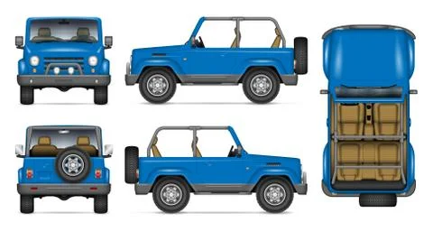 Blue SUV vector mockup. Isolated vehicle template side, front, back, top view Stock Illustration