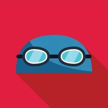 Blue swimming cap and goggles resting on red background Stock Illustration