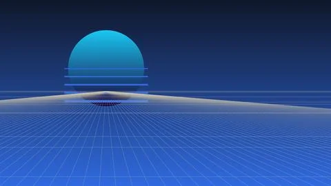Blue Synthwave Landscape with Retro Sun and Digital Wireframe Grid Surface .. イラスト素材
