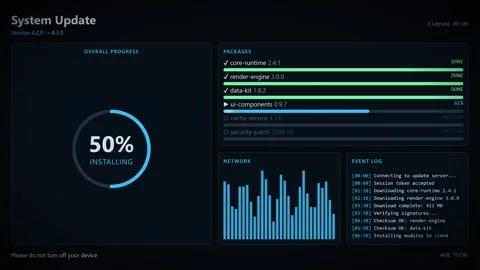 Blue System Update Progress Dashboard Packages Network Event Log Animation. Stock Footage 347789118