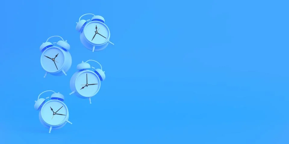 Blue table alarm clocks falling on the floor with bright blue background 스톡 일러스트