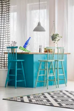 Blue table in bright room Foto stock