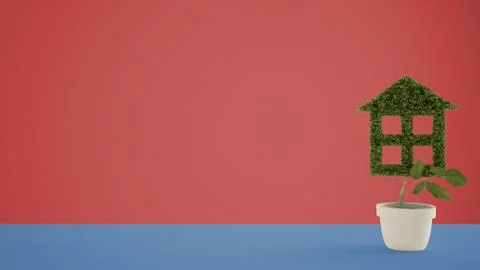 Blue table top or shelf with green plant in pot shaped like house, red backgr Stock Illustration