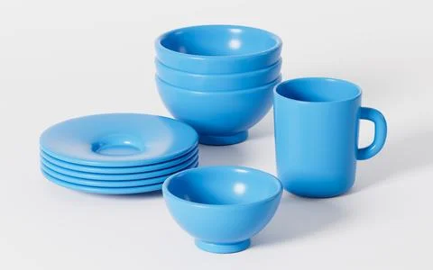 Blue tableware in the white background, 3d rendering. Stockillustratie