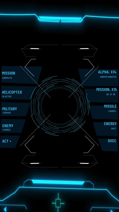 Blue tactical HUD display circular aiming scope, mission text, weapon status pan Stock Footage 340402913