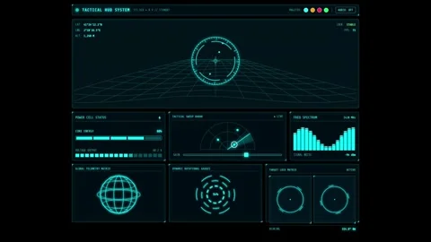 Blue Tactical HUD Interface with Digital Data Visualization Stock Footage 348198709