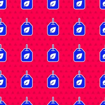 Blue Tea bag with leaf icon isolated seamless pattern on red background.  Vec Stock Illustration