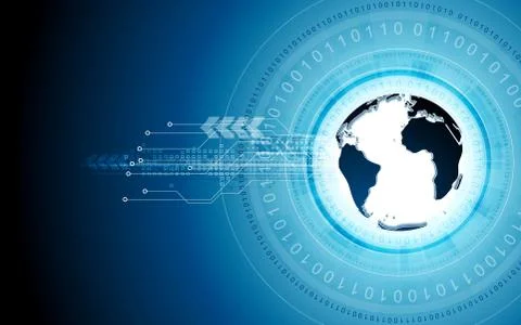 Blue tech background with globe and binary code Illustrazione stock
