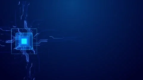 Blue tech chip copy space glowing circuit paths on the left, dark clean area on Stock Footage 334127255