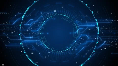 Blue tech HUD circle background circuit lines, numeric elements, glowing rings, Stock Footage 340411855