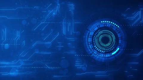 Blue tech interface ring visual with bright circular HUD, circuit paths, dotted Stock Footage 340549933