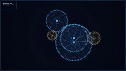Blue technical blueprint animation of interlocking mechanical gears rotating on  Stock Footage 346949856