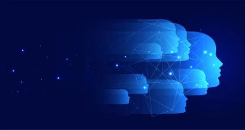 Blue technology background with many faces Stock Illustration