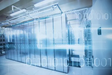 Blue technology design with binary code against image of data storage 스톡 일러스트