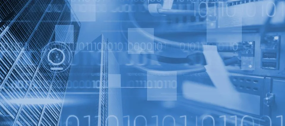 Blue technology design with binary code against view of data technology Stockillustratie