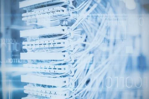 Blue technology design with binary code against view of data technology Stock Illustration