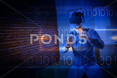 Blue technology design with binary code against man wearing virtual glass Stock Photos