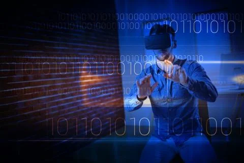 Blue technology design with binary code against man wearing virtual glass 库存照片