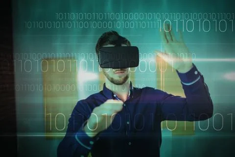 Blue technology design with binary code against man wearing virtual glass 写真素材