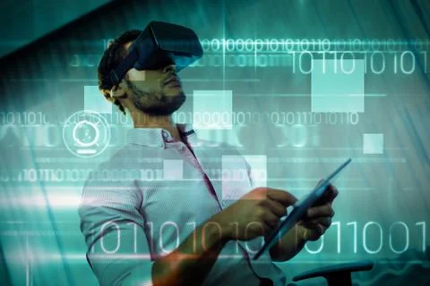 Blue technology design with binary code against businessman using an oculus 库存照片