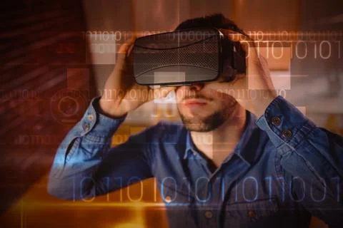 Blue technology design with binary code against man wearing virtual glass 库存照片