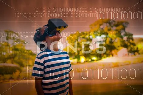 Blue technology design with binary code against child looking in 3d glasses Stock Photos