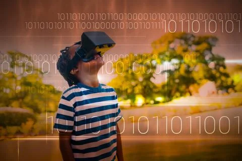 Blue technology design with binary code against child looking in 3d glasses Stock Photos