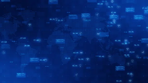 Blue technology futuristic icon on map abstract background seamless loop video Stock Footage 154807892