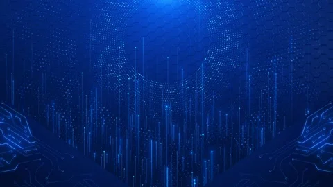 Blue technology hexagon pattern, digital globe dots, circuit corners, glowing da Stock Footage 340452457