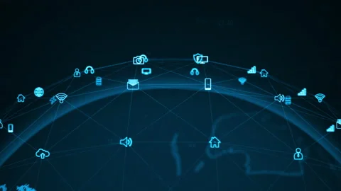 Blue technology icon and earth sphere futuristic elements abstract background Stock Footage 148489656