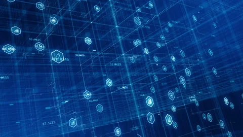Blue technology icon with hexagon shape on digital grid abstract background Video stock 157116496