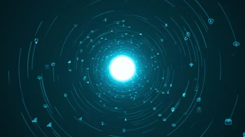 Blue technology icons floating rotation in circle like in space Stock Footage 304265030
