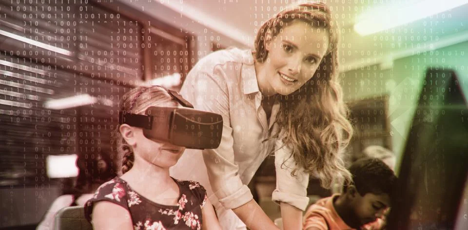 Blue technology interface with binary code against abstract background Stock Photos