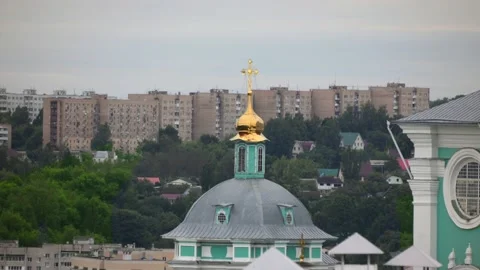 Blue temple on background of city in winter. Видео 136362002