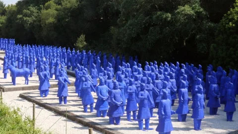 Blue Terracotta Army Warrior Statues in Eden Garden Portugal Landmark 스톡 동영상 337164302