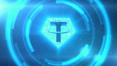 Blue Tether symbol on space background with HUD elements. Seamless loop. Stock Footage 118018905