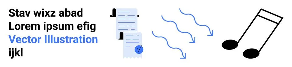 Blue text, black music notes, wavy lines, and document icons with checkmarks. Stock Illustration