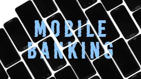 Blue text mobile banking on black smartphones, title for intro video, broadcast Видео 130493901