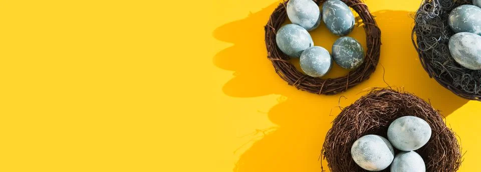 Blue textured colored Easter eggs in a nest or wreath on a bright yellow holiday Stock Photos