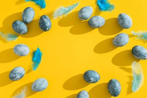 Blue textured colored Easter eggs and chicken bird feathers on a bright yellow Stock Photos